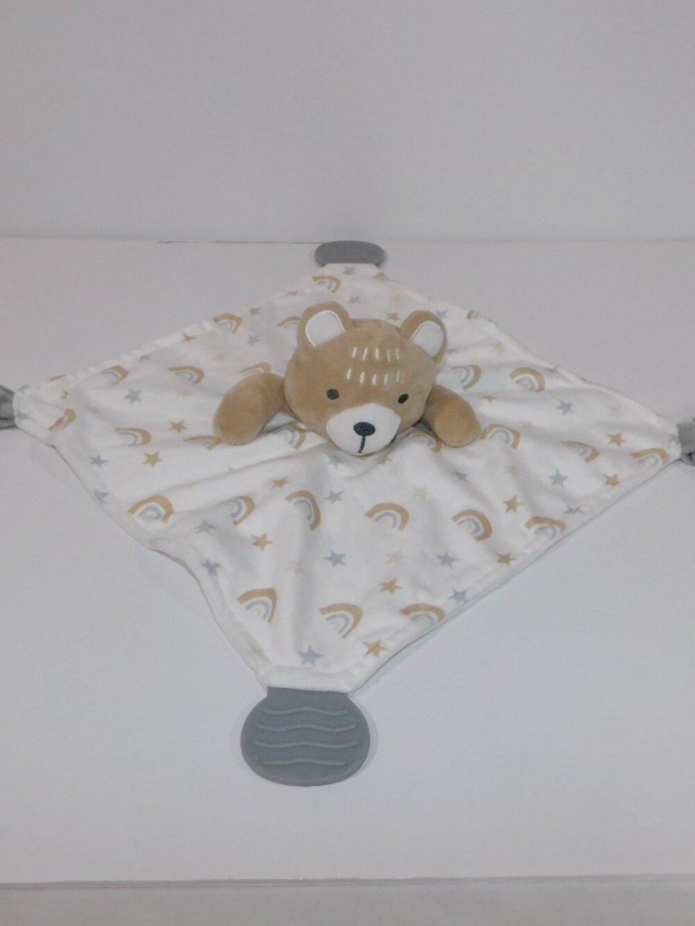 Modern Baby Tan Bear Rainbows Teether Rattle Plush Security blanket Baby Lovey